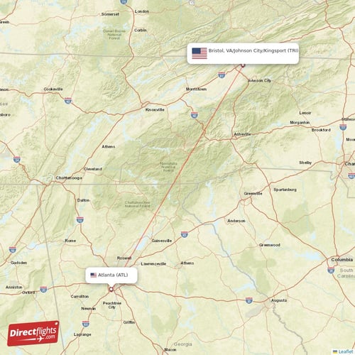 Atlanta - Bristol, VA/Johnson City/Kingsport direct flight map