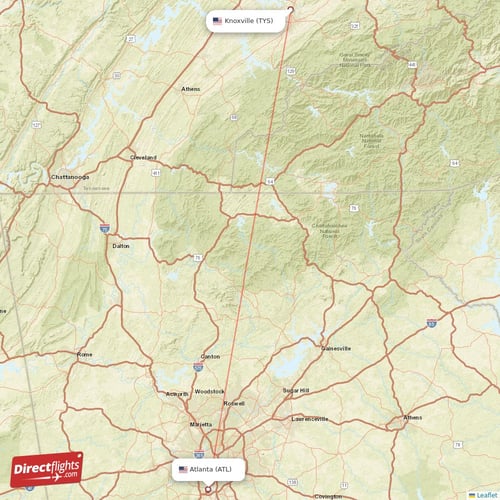 Atlanta - Knoxville direct flight map