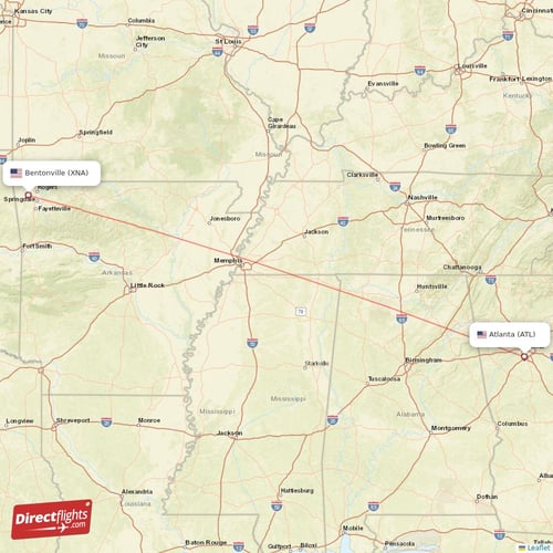 Atlanta - Bentonville direct flight map