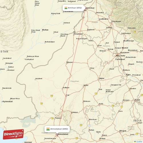 Amritsar - Ahmedabad direct flight map