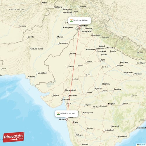 Amritsar - Mumbai direct flight map