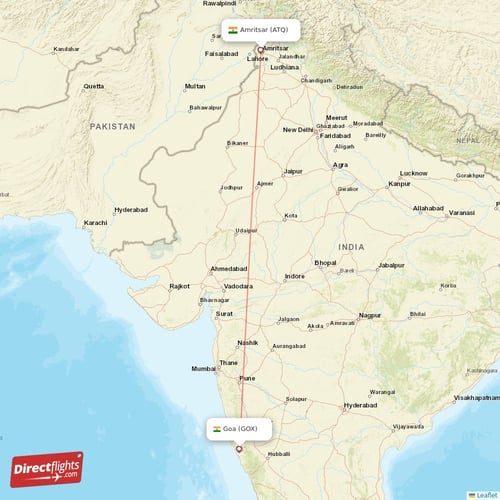 Amritsar - Goa direct flight map