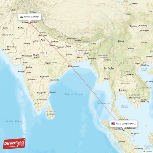 Amritsar - Kuala Lumpur direct flight map