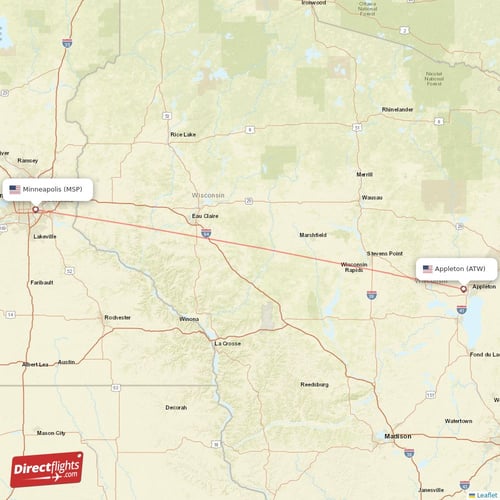 Appleton - Minneapolis direct flight map