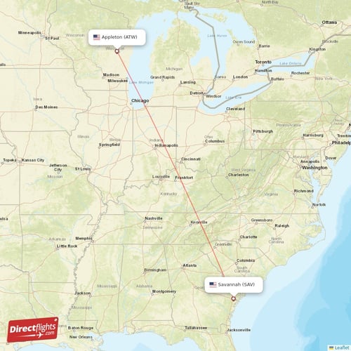 Appleton - Savannah direct flight map