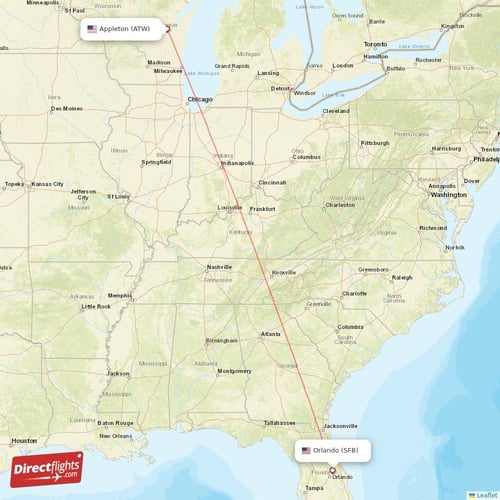Appleton - Orlando direct flight map