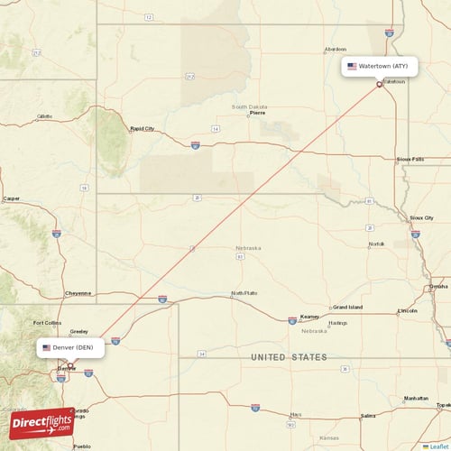 Watertown - Denver direct flight map