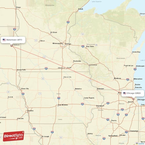 Watertown - Chicago direct flight map