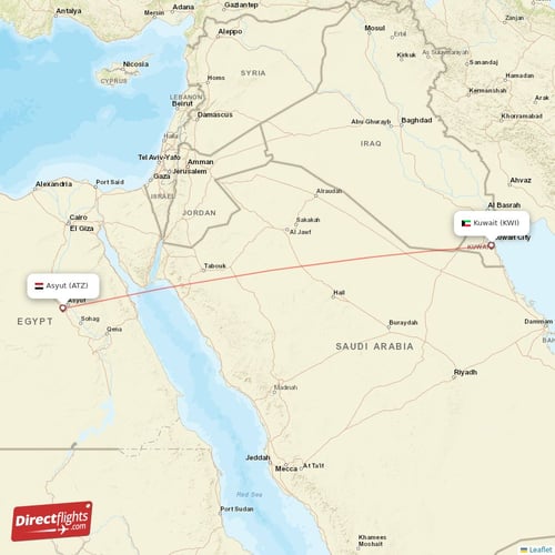 Asyut - Kuwait direct flight map