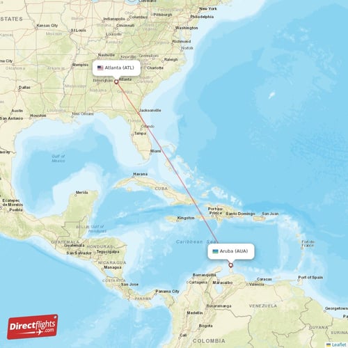 Aruba - Atlanta direct flight map