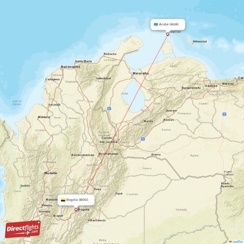 Aruba - Bogota direct flight map