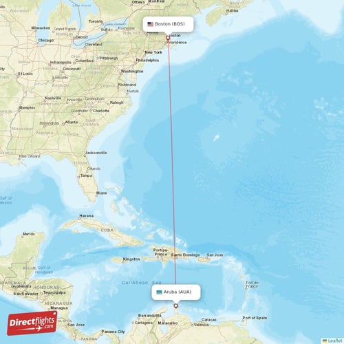 Aruba - Boston direct flight map