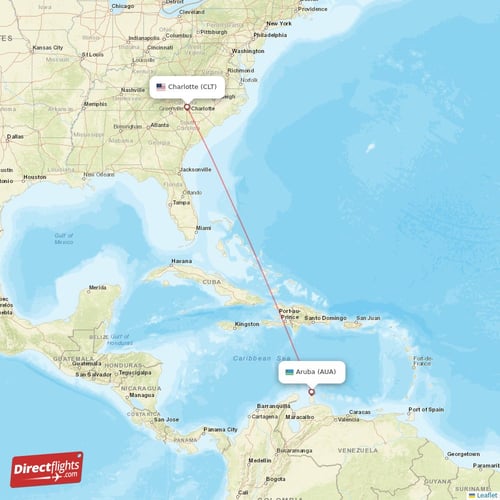 Aruba - Charlotte direct flight map