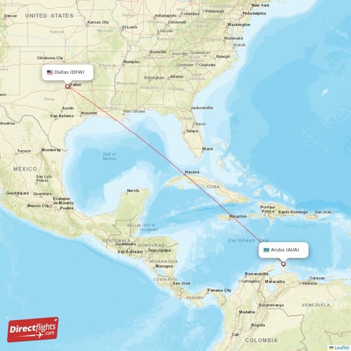 Aruba - Dallas direct flight map