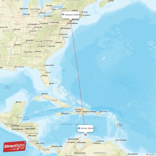 Aruba - New York direct flight map