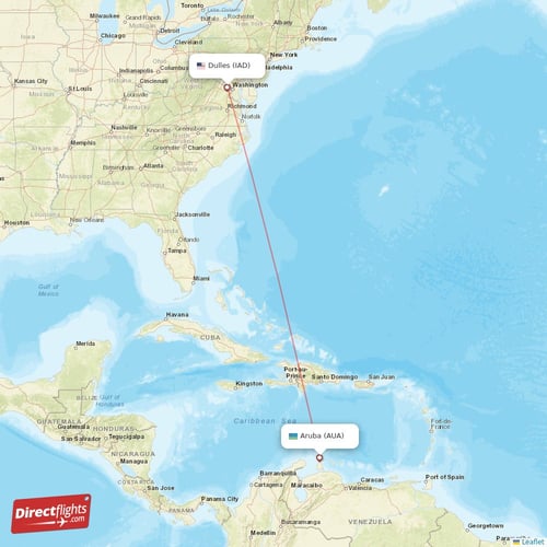 Aruba - Dulles direct flight map