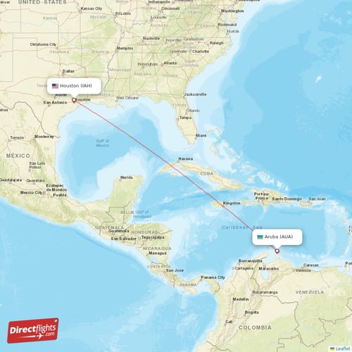 Aruba - Houston direct flight map