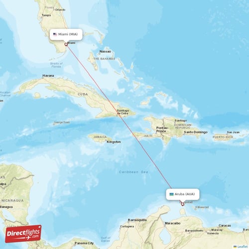 Aruba - Miami direct flight map