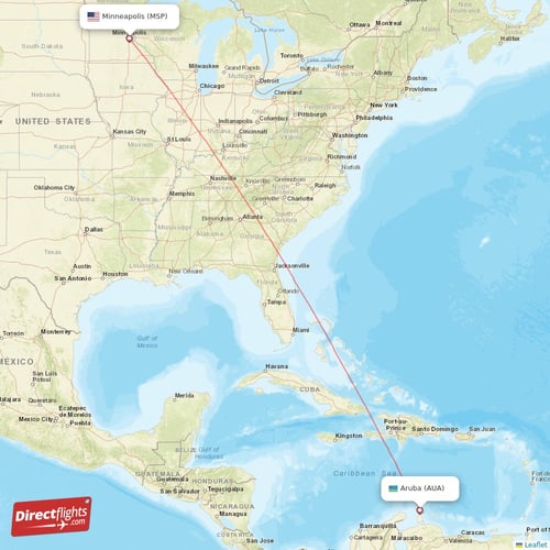 Aruba - Minneapolis direct flight map