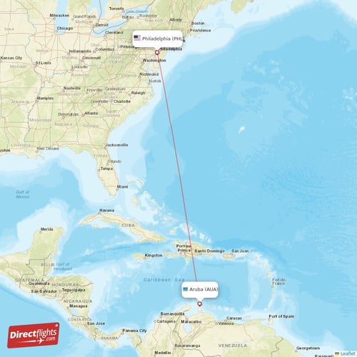 Aruba - Philadelphia direct flight map