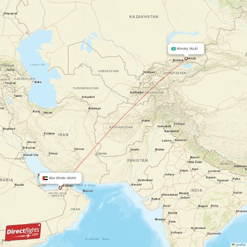 Abu Dhabi - Almaty direct flight map