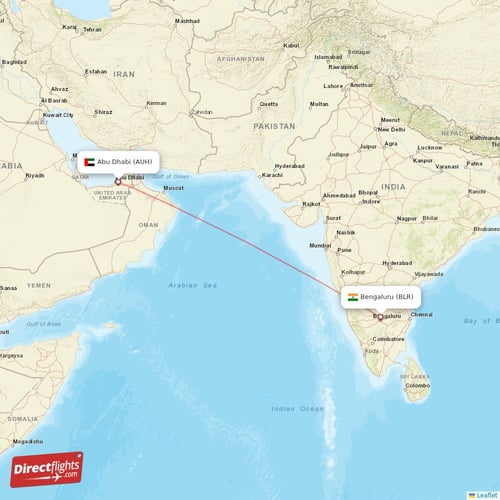 Abu Dhabi - Bengaluru direct flight map