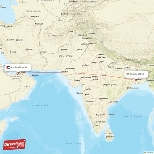 Abu Dhabi - Kolkata direct flight map
