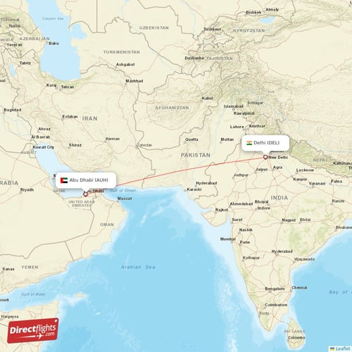 Abu Dhabi - Delhi direct flight map
