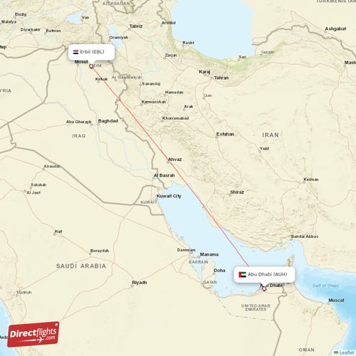 Abu Dhabi - Erbil direct flight map