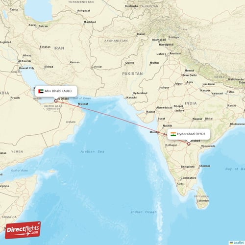 Abu Dhabi - Hyderabad direct flight map