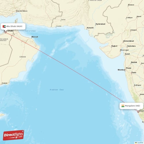 Abu Dhabi - Mangalore direct flight map
