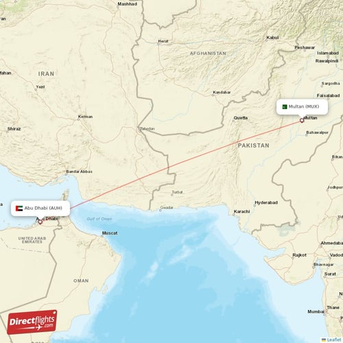 Abu Dhabi - Multan direct flight map