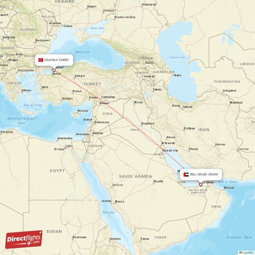Abu Dhabi - Istanbul direct flight map
