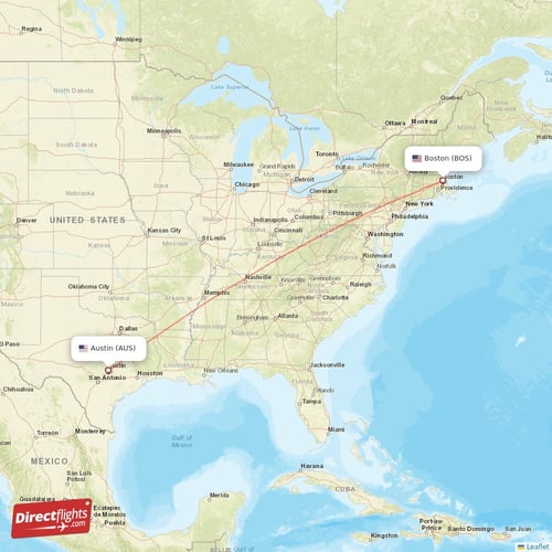 Austin - Boston direct flight map