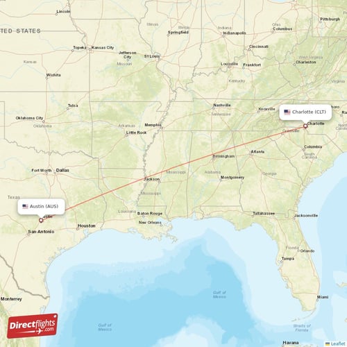 Austin - Charlotte direct flight map
