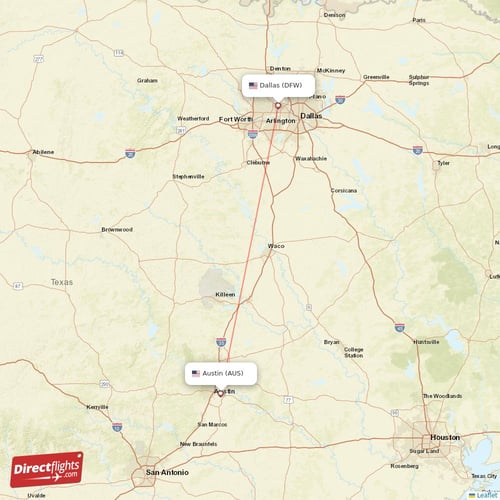 Austin - Dallas direct flight map