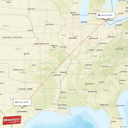 Austin - Detroit direct flight map