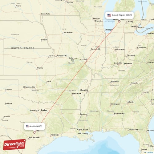 Austin - Grand Rapids direct flight map