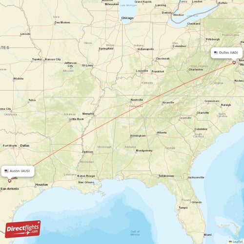 Austin - Dulles direct flight map