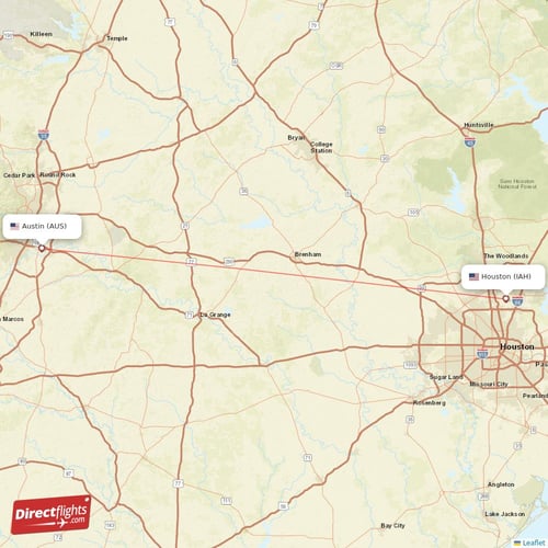 Austin - Houston direct flight map