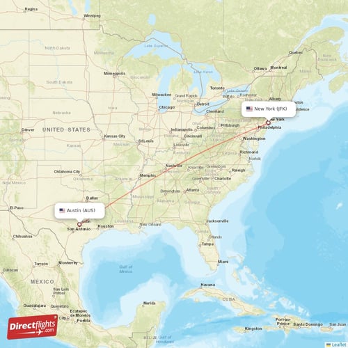 Austin - New York direct flight map