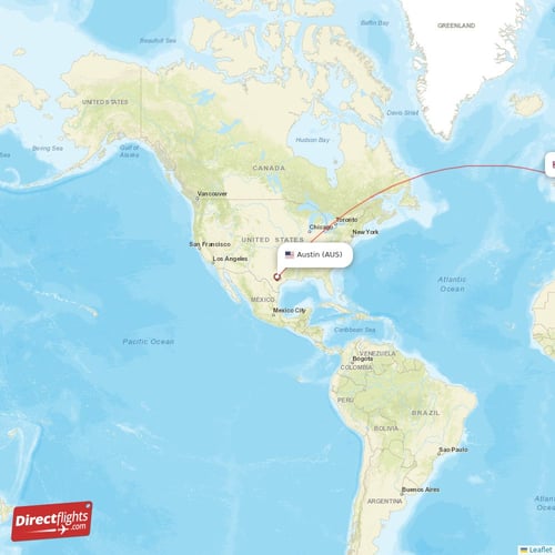 Austin - London direct flight map