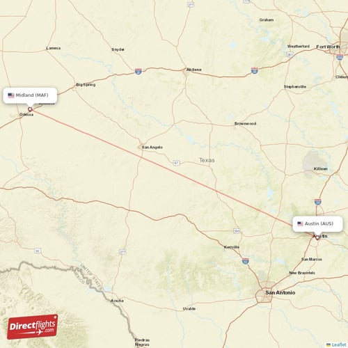 Austin - Midland direct flight map