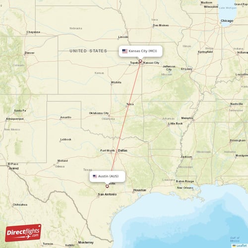 Austin - Kansas City direct flight map