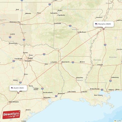 Austin - Memphis direct flight map