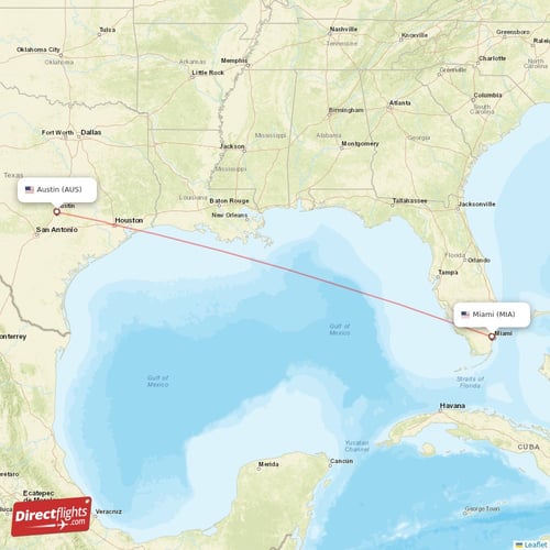 Austin - Miami direct flight map