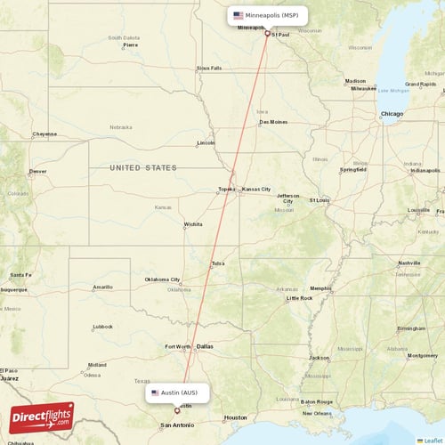 Austin - Minneapolis direct flight map