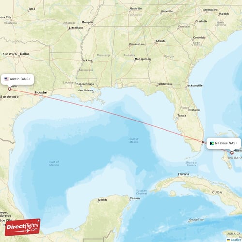 Austin - Nassau direct flight map