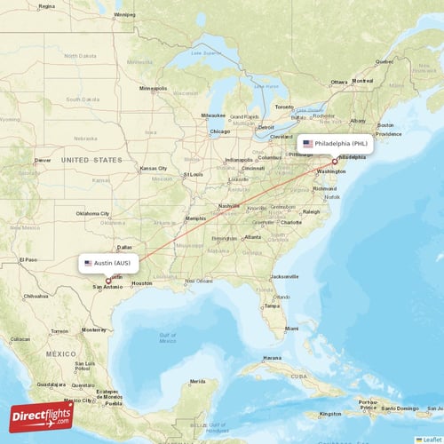 Austin - Philadelphia direct flight map