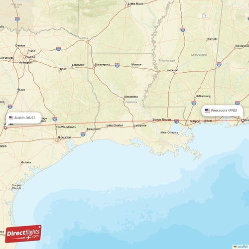 Austin - Pensacola direct flight map